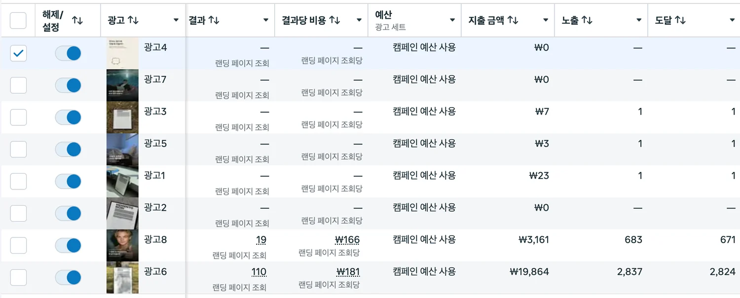 직접 운영한 Meta 광고 캠페인 화면